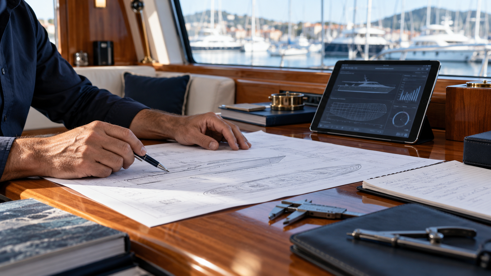 Immagine illustrativa di un esame tecnico di piani e documentazione a bordo di uno yacht