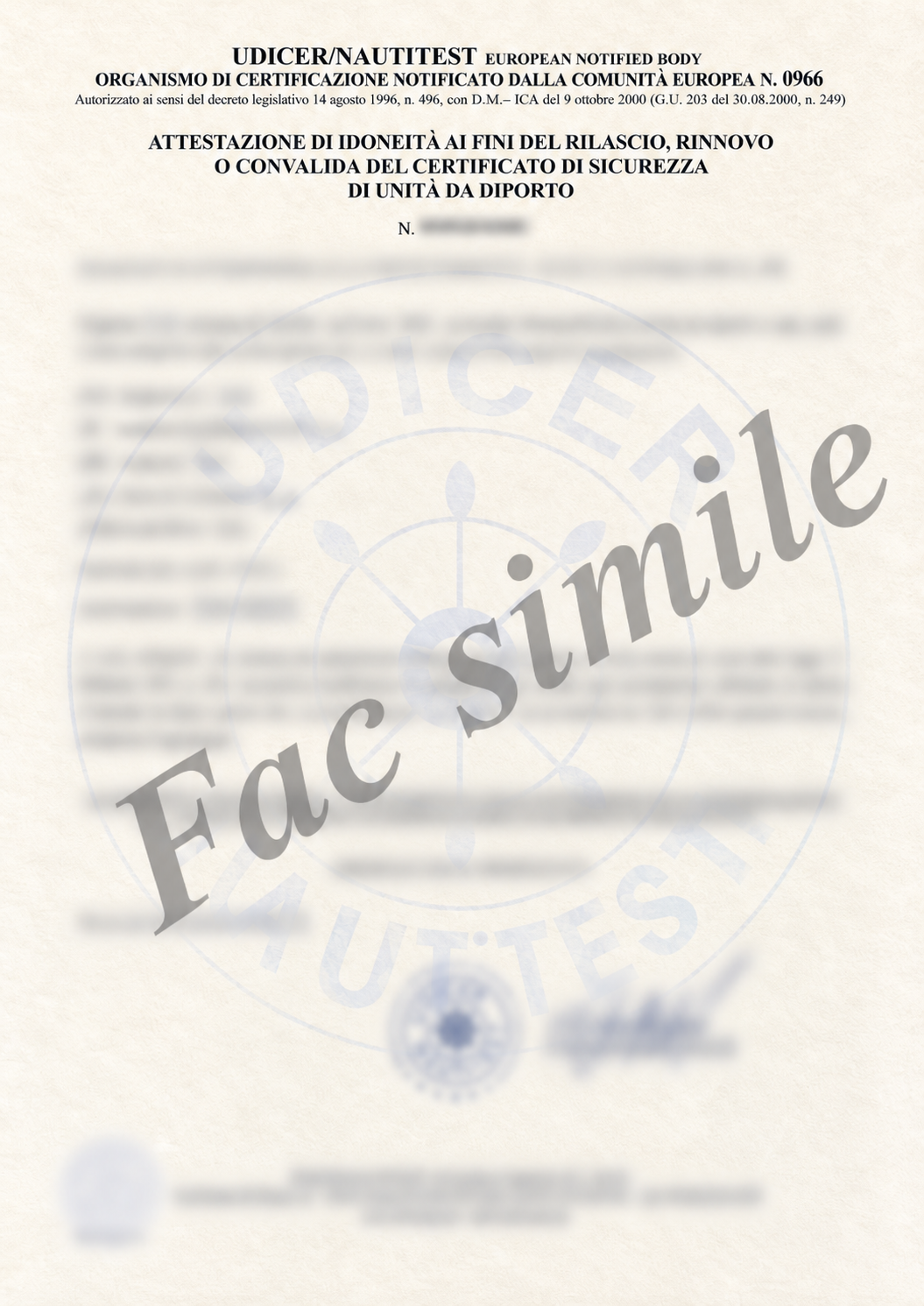 Facsimile anonimizzato di attestazione di idoneità ai fini del certificato di sicurezza